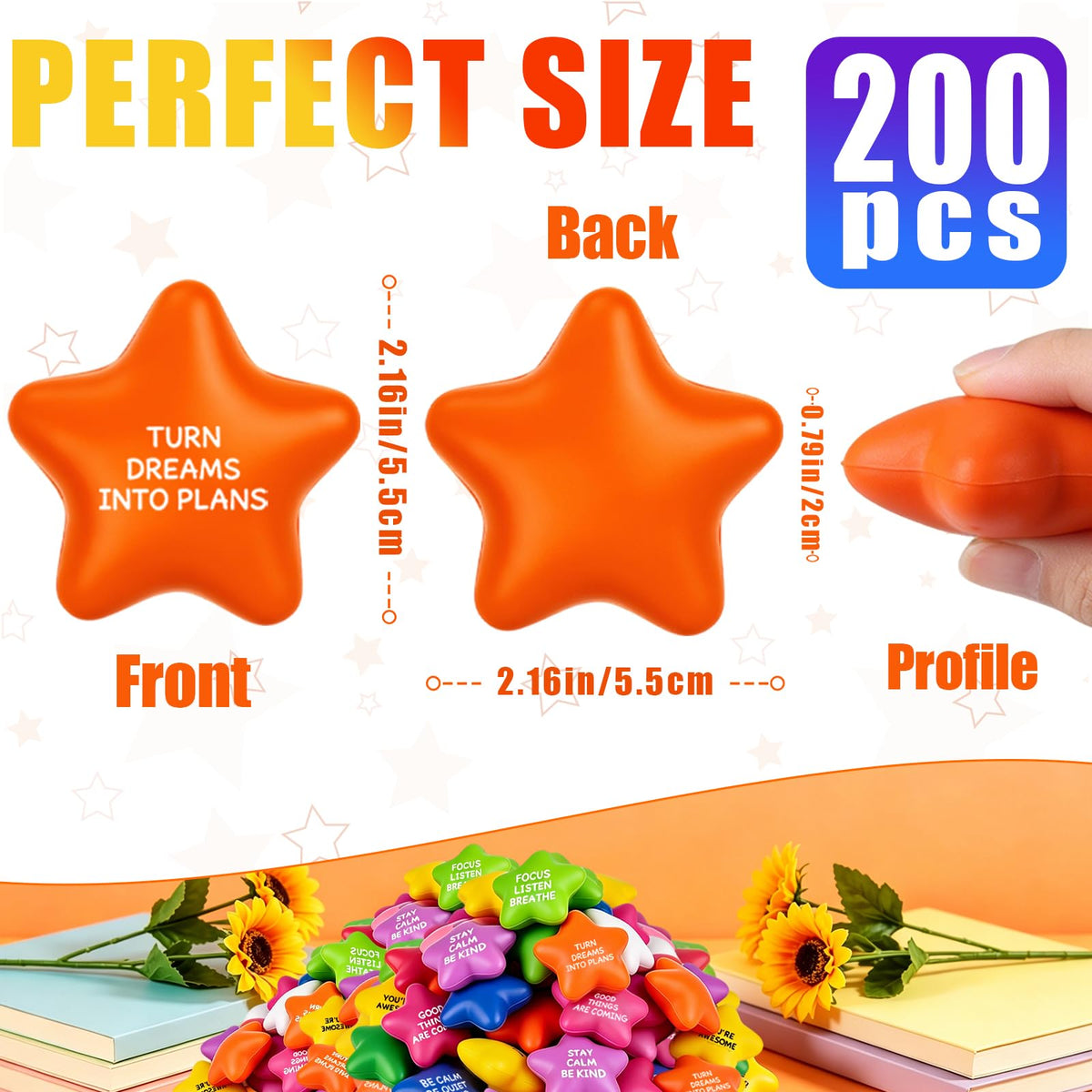 200 Pack Star Stress Balls Bulk, Foam Fidget Toys with Motivational Quotes | Anxiety and Anger Relief Mini Squeeze Toys for Adults, Kids, Work, School and Party Favors, Multi-Color