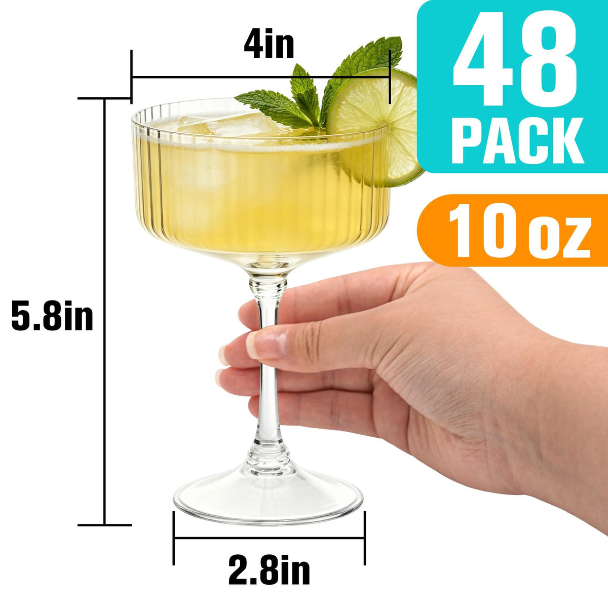 48 Pcs Plastic Martini Glasses Disposable,10oz Ribbed Martini Glasses | Unbreakable, Vintage Coupe Cocktail Glasses Set with Detachable Stem for Wedding Birthday Party Bar Supplies, Clear