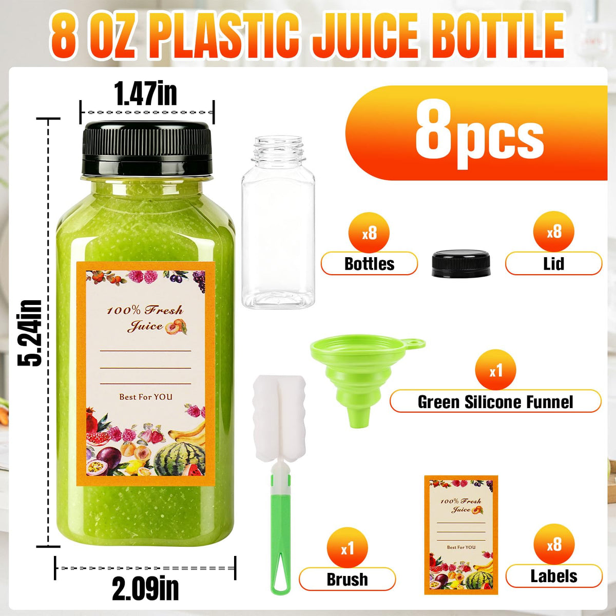 8 Pack 8oz Reusable Plastic Juice Bottles,Clear Juice Bottles with Caps | Leak Proof Portable Juice Bottles with Caps for Homemade Juice, Tea, Coffee and Daily Travel Storage