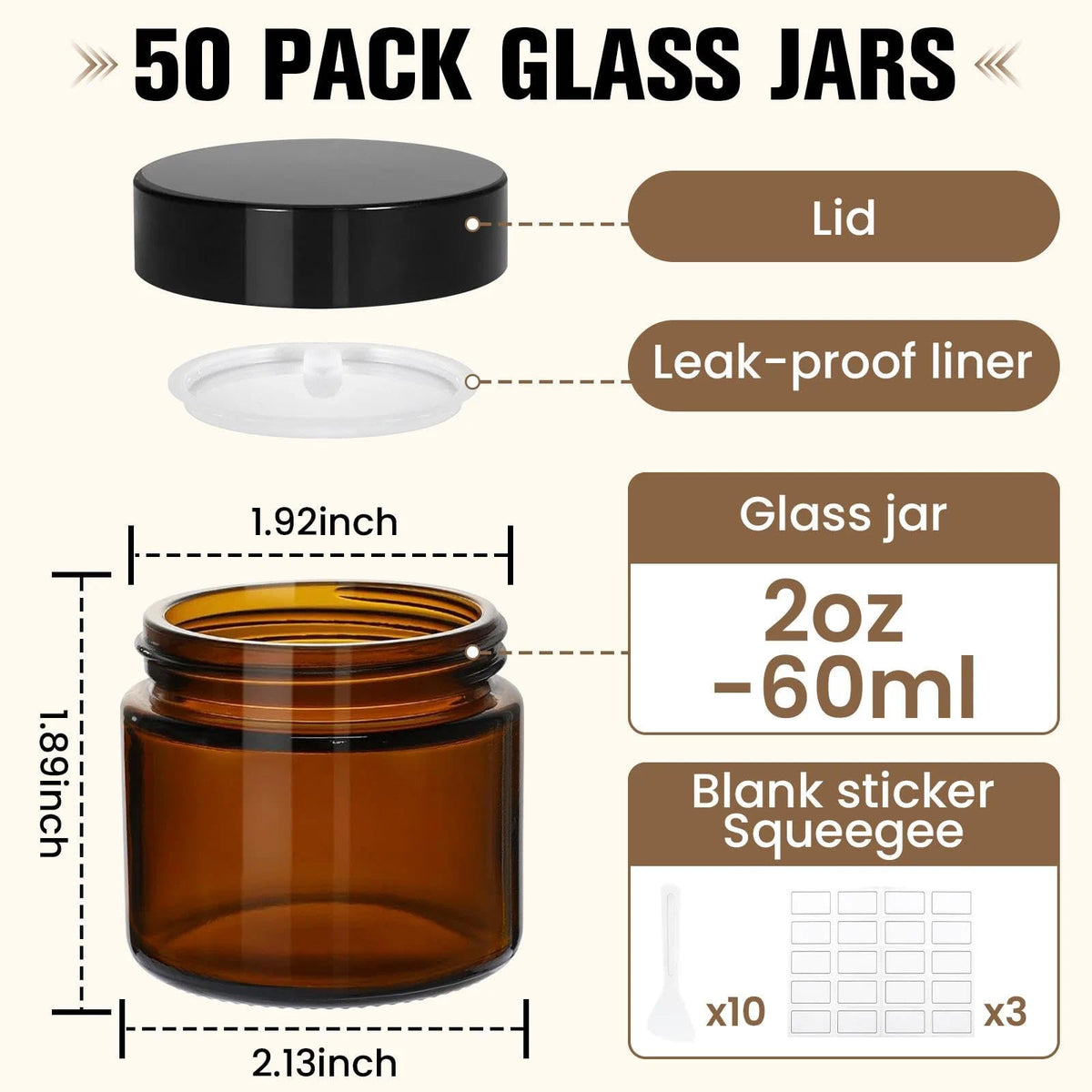 50 Pcs 2 oz Glass Jars with Lids,Amber,with 40 Labels & 10 Spatulas | Glass Jars,Inner Liners, LeakProof, UV-Protective,Round Glass Containers for Essential Oils, Spices, Candle Making,DIY