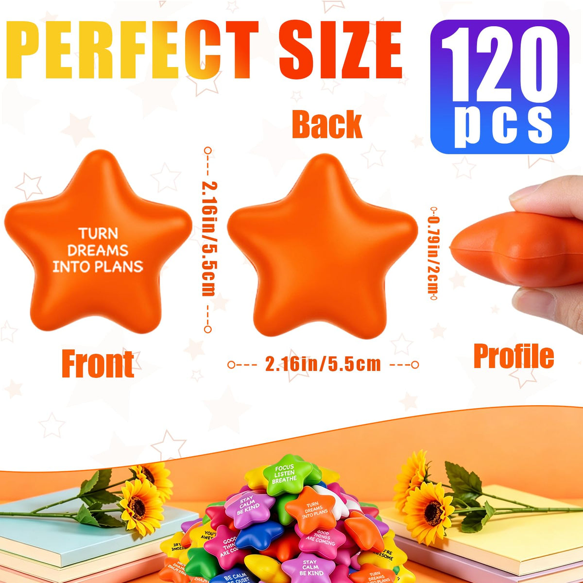 120 Pack Star Stress Balls Bulk, Foam Fidget Toys with Motivational Quotes | Anxiety and Anger Relief Mini Squeeze Toys for Adults, Kids, Work, School and Party Favors, Multi-Color