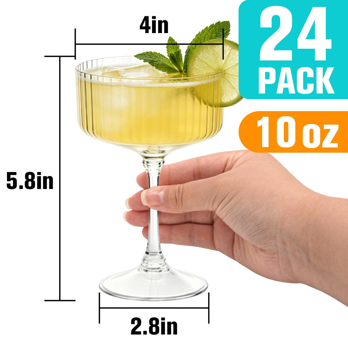 24 Pcs Plastic Martini Glasses Disposable,10oz Ribbed Martini Glasses | Unbreakable, Vintage Coupe Cocktail Glasses Set with Detachable Stem for Wedding Birthday Party Bar Supplies, Clear