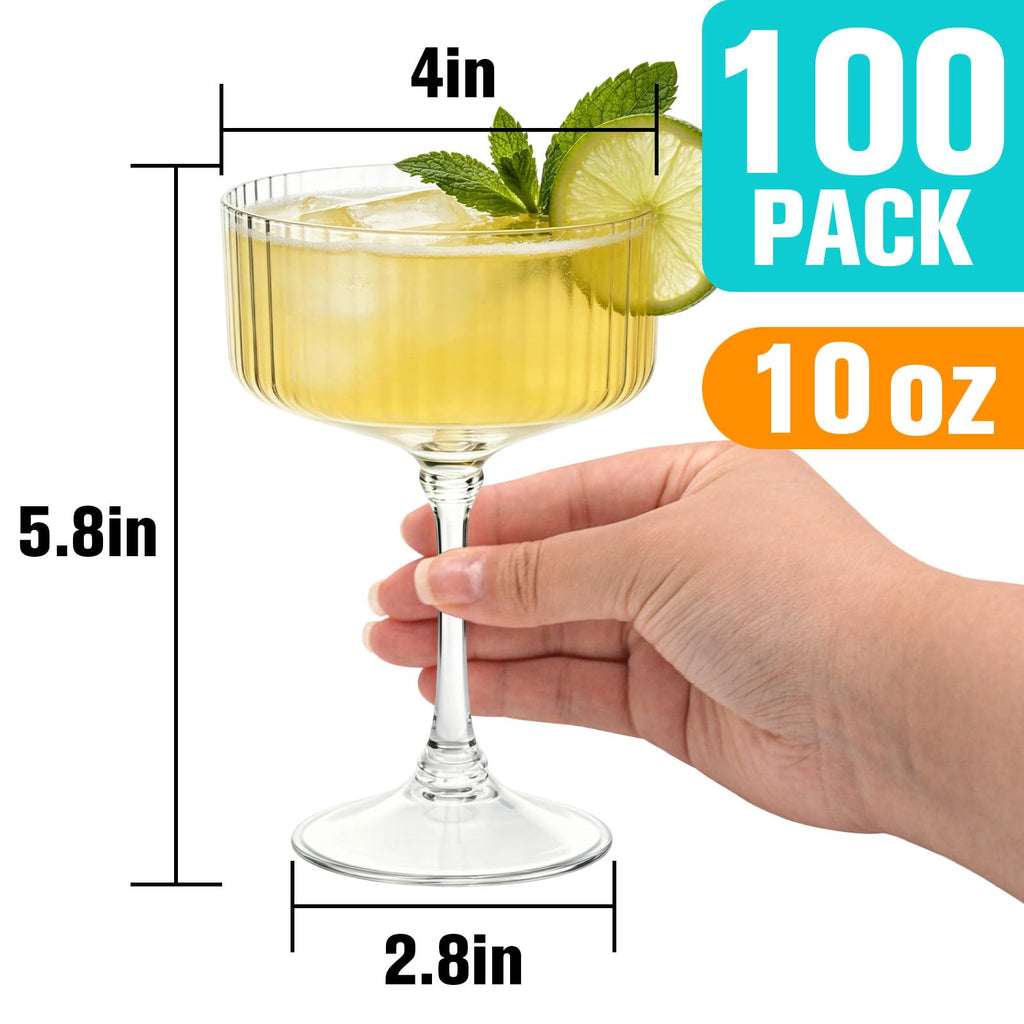 100 Pcs Plastic Martini Glasses Disposable,10oz Ribbed Martini Glasses | Unbreakable, Vintage Coupe Cocktail Glasses Set with Detachable Stem for Wedding Birthday Party Bar Supplies, Clear