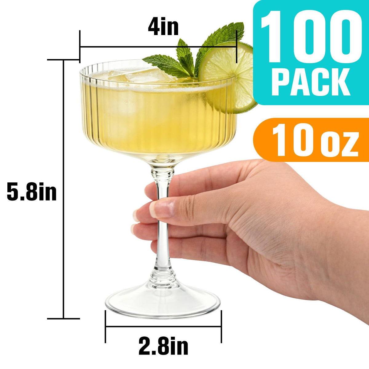 100 Pcs Plastic Martini Glasses Disposable,10oz Ribbed Martini Glasses | Unbreakable, Vintage Coupe Cocktail Glasses Set with Detachable Stem for Wedding Birthday Party Bar Supplies, Clear