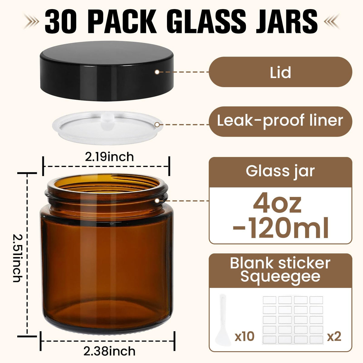 30 Pcs 4 oz Glass Jars with Lids, Amber,with 60 Labels & 10 Spatulas | Glass Jars,Inner Liners,LeakProof, UV-Protective, Round Glass Containers for Essential Oils, Spices, Candle Making, DIY