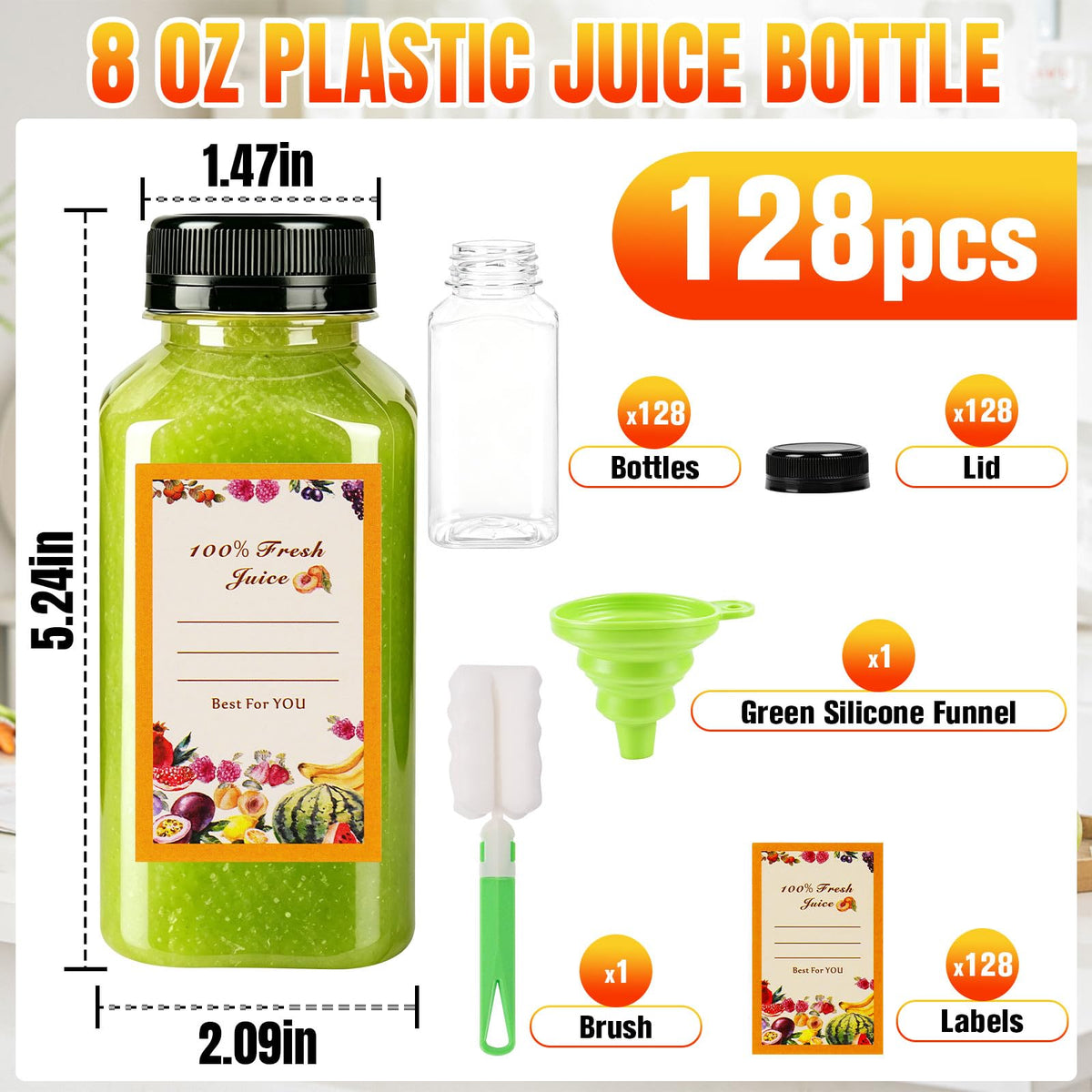 128 Pack 8 oz Reusable Plastic Juice Bottles,Clear Juice Bottles with Caps | Leak Proof Portable Juice Bottles with Caps for Homemade Juice, Tea, Coffee and Daily Travel Storage