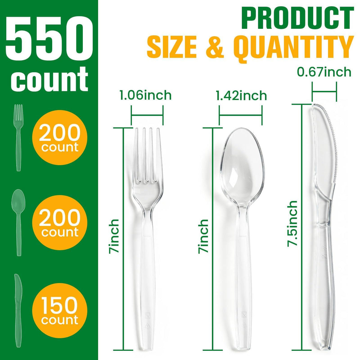 550 Count Plastic Silverware Heavy Duty, 200 Forks, 200 Spoons, 150 Knives | Clear Disposable Plastic Utensils Set, BPA-Free, Heat Resistant Plastics Cutlery for Catering & Events, Daily