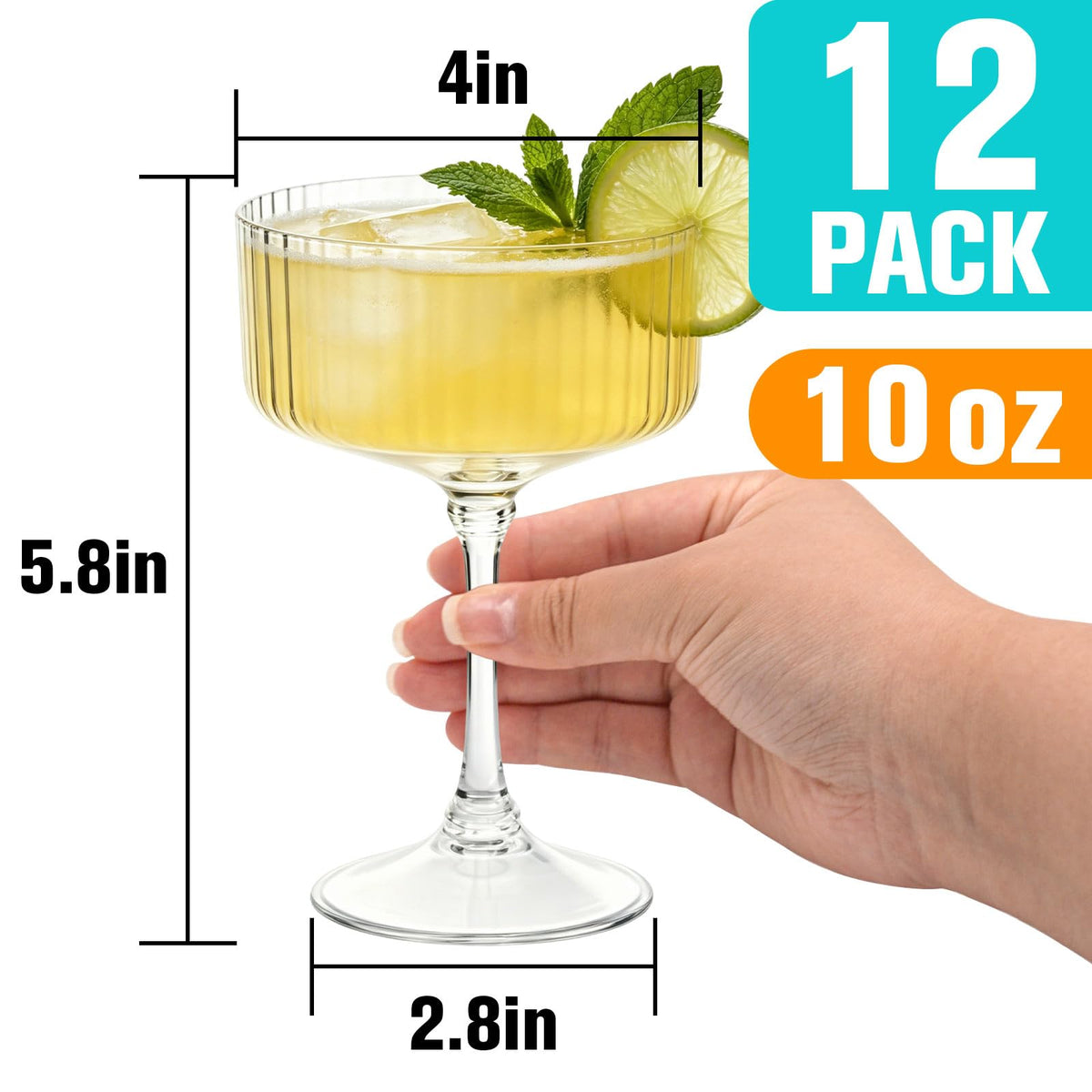 12 Pcs Plastic Martini Glasses Disposable,10oz Ribbed Martini Glasses | Unbreakable, Vintage Coupe Cocktail Glasses Set with Detachable Stem for Wedding Birthday Party Bar Supplies, Clear