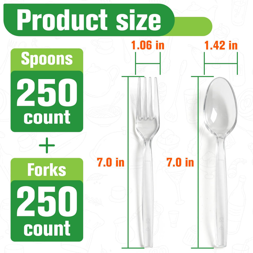 500 Count Plastic Silverware Heavy Duty, 250 Spoons & 250 Forks, BPA-Free | Heat Resistant Clear Plastic Forks & Spoons, Disposable Cutlery Set for Catering, Events, Daily Use