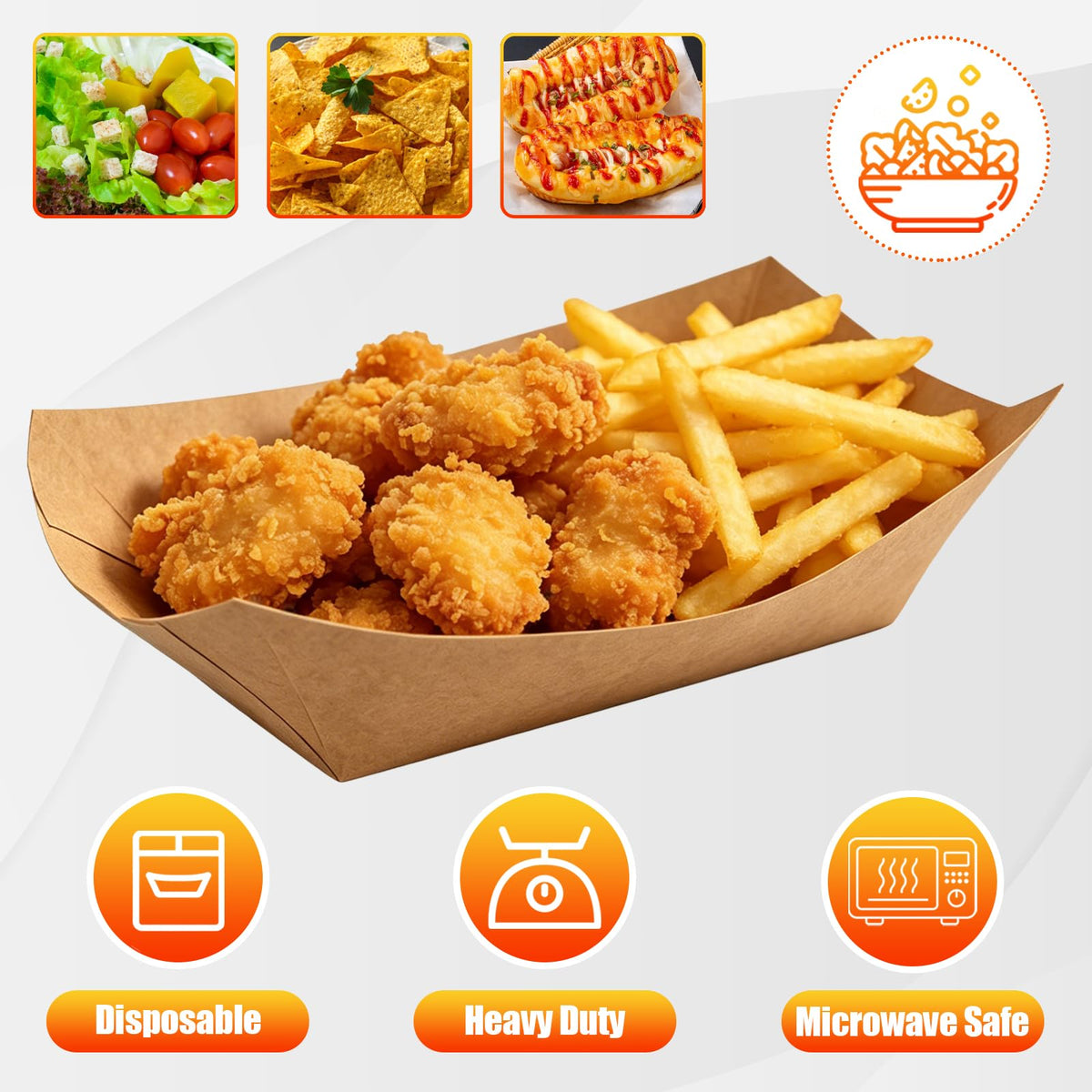150 Pack 2LB Paper Food Trays, Heavy-Duty Disposable Kraft Paper Food Boats,Serving Basket Tray for Fries Nachos Snacks Hot Dog Taco Popcorn, Food Holder Trays for BBQ Party Picnic Wedding