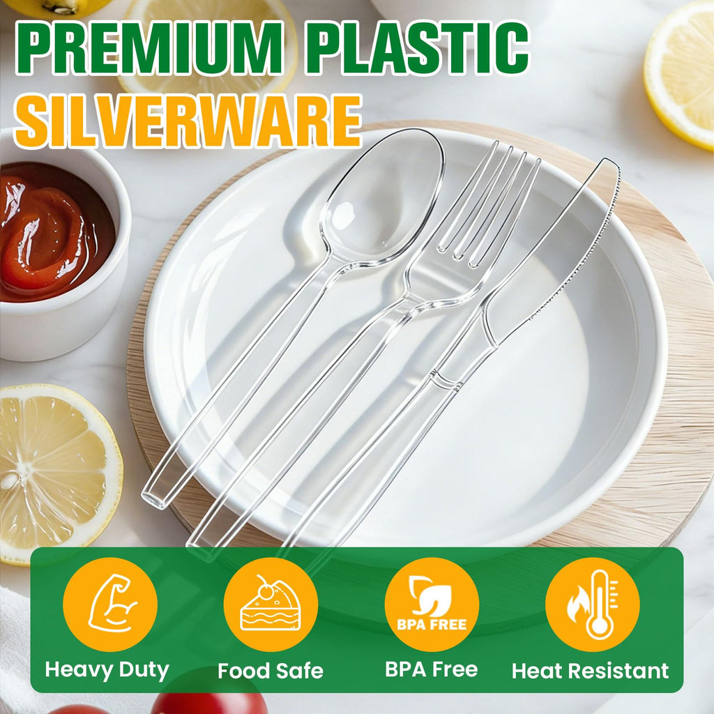 1200 Count Plastic Silverware Heavy Duty,Clear Disposable Plastic Utensils Set,500 Forks, 500 Spoons,200 Knives,BPA-Free, Heat Resistant PlasticCutlery, Plasticware Bulk for Catering & Events, Daily