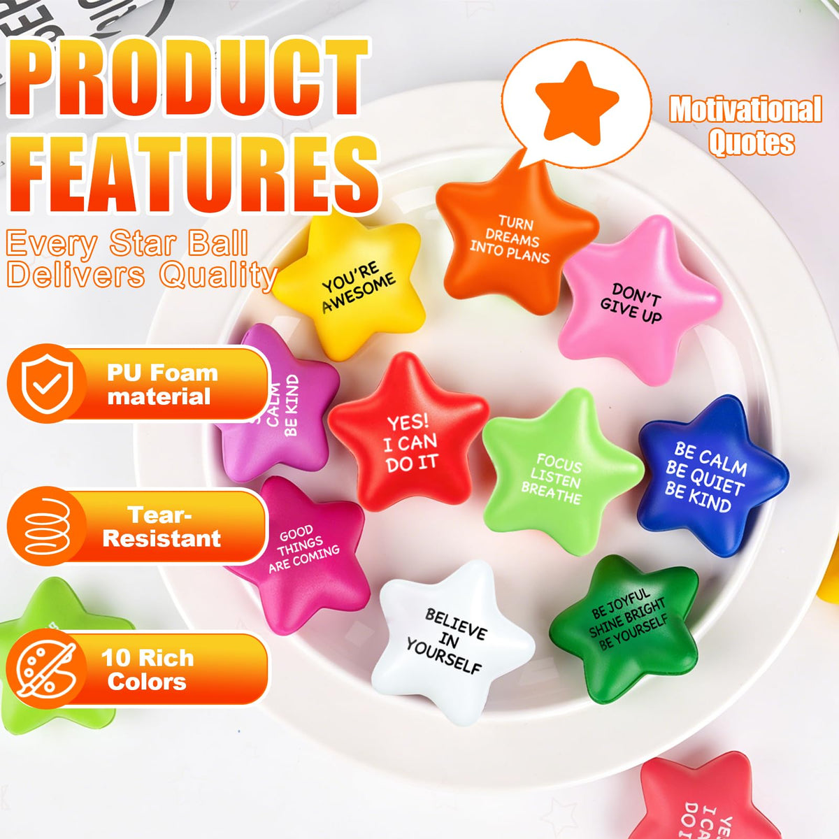 200 Pack Star Stress Balls Bulk, Foam Fidget Toys with Motivational Quotes | Anxiety and Anger Relief Mini Squeeze Toys for Adults, Kids, Work, School and Party Favors, Multi-Color