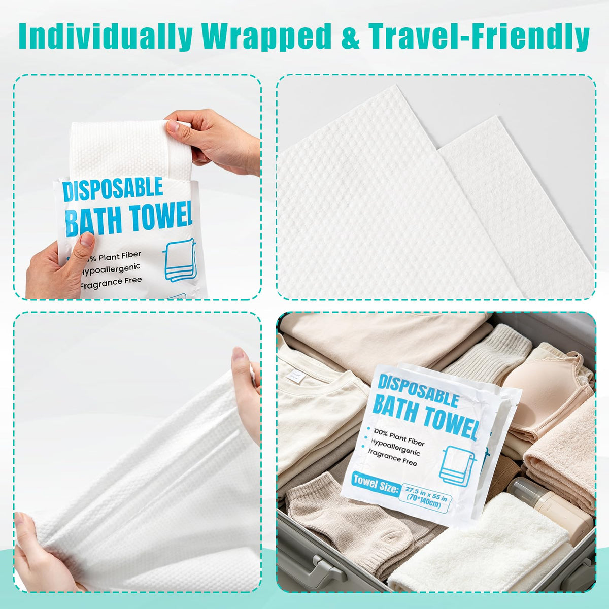 20 Pack Disposable Bath Towels 55''X27.5'', Ultra Soft Travel Towels | Individually Wrapped Large Absorbent Towels for Hotel, Business Trip, Camping, Swimming, Spa, Sauna and Pet Care