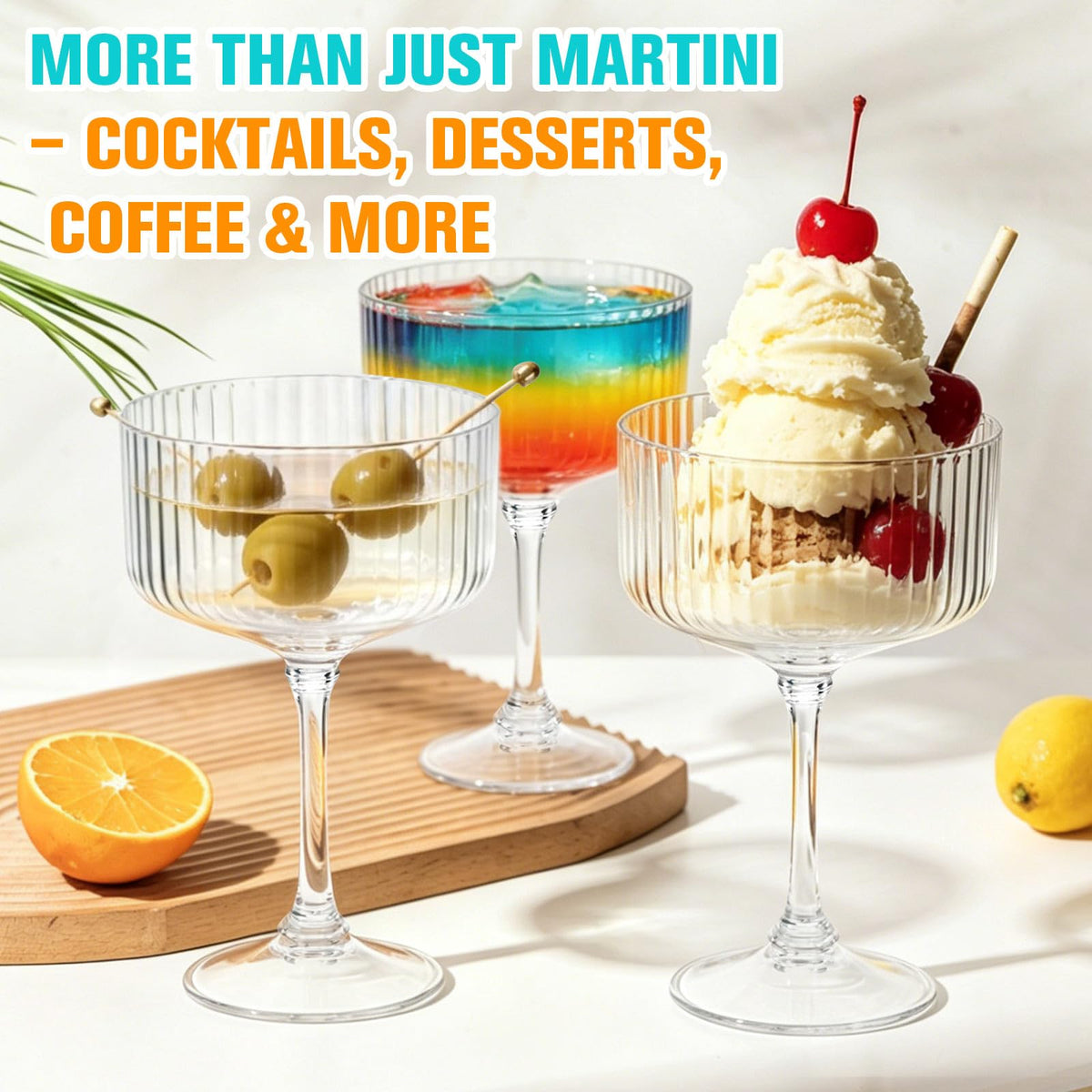 24 Pcs Plastic Martini Glasses Disposable,10oz Ribbed Martini Glasses | Unbreakable, Vintage Coupe Cocktail Glasses Set with Detachable Stem for Wedding Birthday Party Bar Supplies, Clear