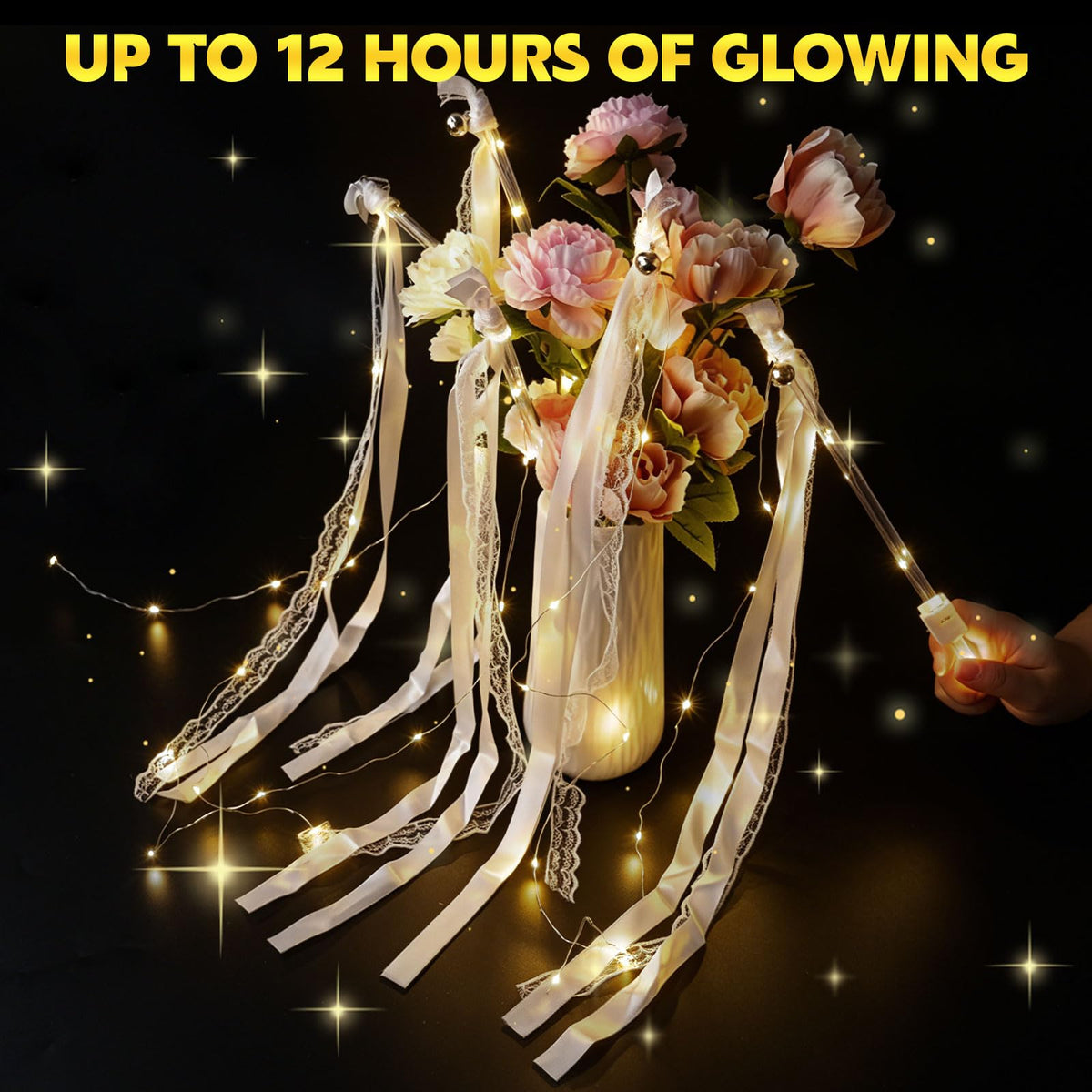 120PCS Light Up Wands, LED Wedding Wands，Sparklers Wedding Send Off 3 Flashing Modes, Fairy Wand Ribbon Streamers with Bells for Wedding Favors, Party, New Year, Concert, Warm White