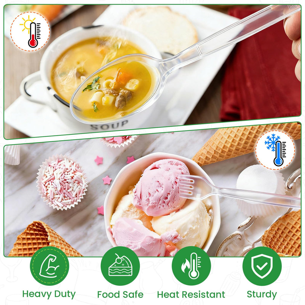 200 Count Plastic Silverware Heavy Duty,Clear Plastic Forks and Spoons , 100 Spoons & 100 Forks,BPA-Free,Heat Resistant Disposable Cutlery Utensil Set for Catering & Events, Daily Use