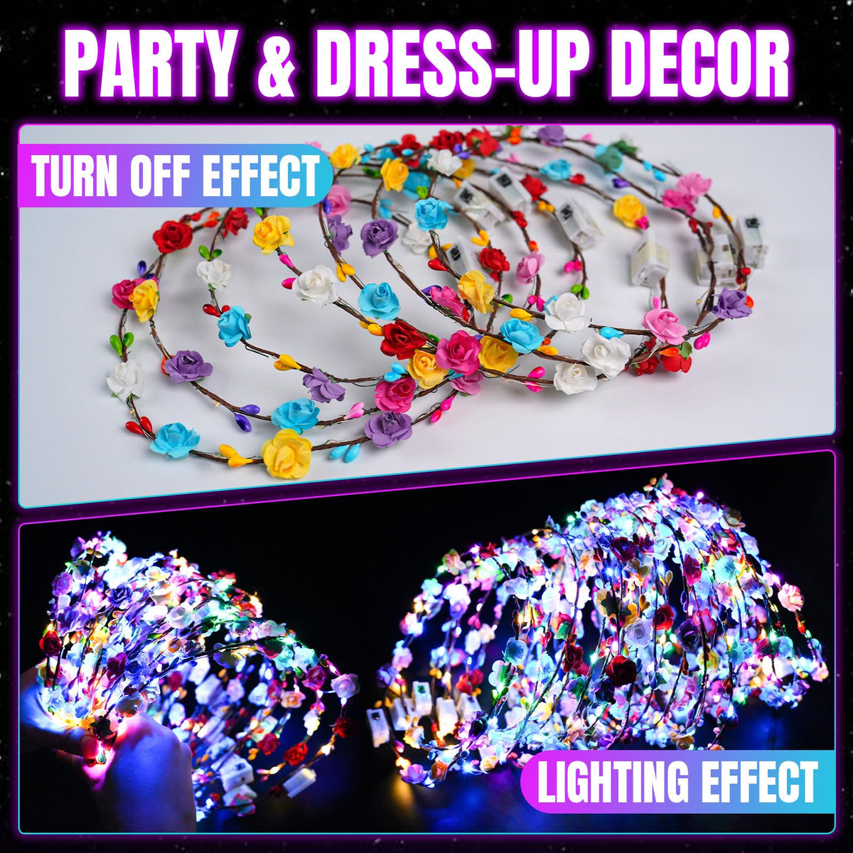 100 PCS LED Flower Crown Headbands,Glow in the Dark Party Supplies | Light Up Headband Bulk for Women for Wedding, Party, Birthday, Christmas, Cosplay and Halloween