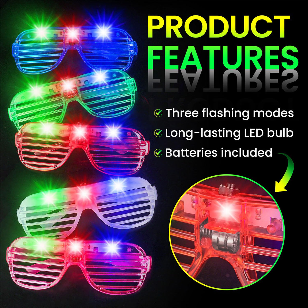 120 Pack LED Glasses, 6 Colors, Glow in The Dark Party Supplies | Party Glasses for Adults, Light Up Glasses, Glow Shutter Glasses, for Valentines Day, New Year's Eve, Birthday