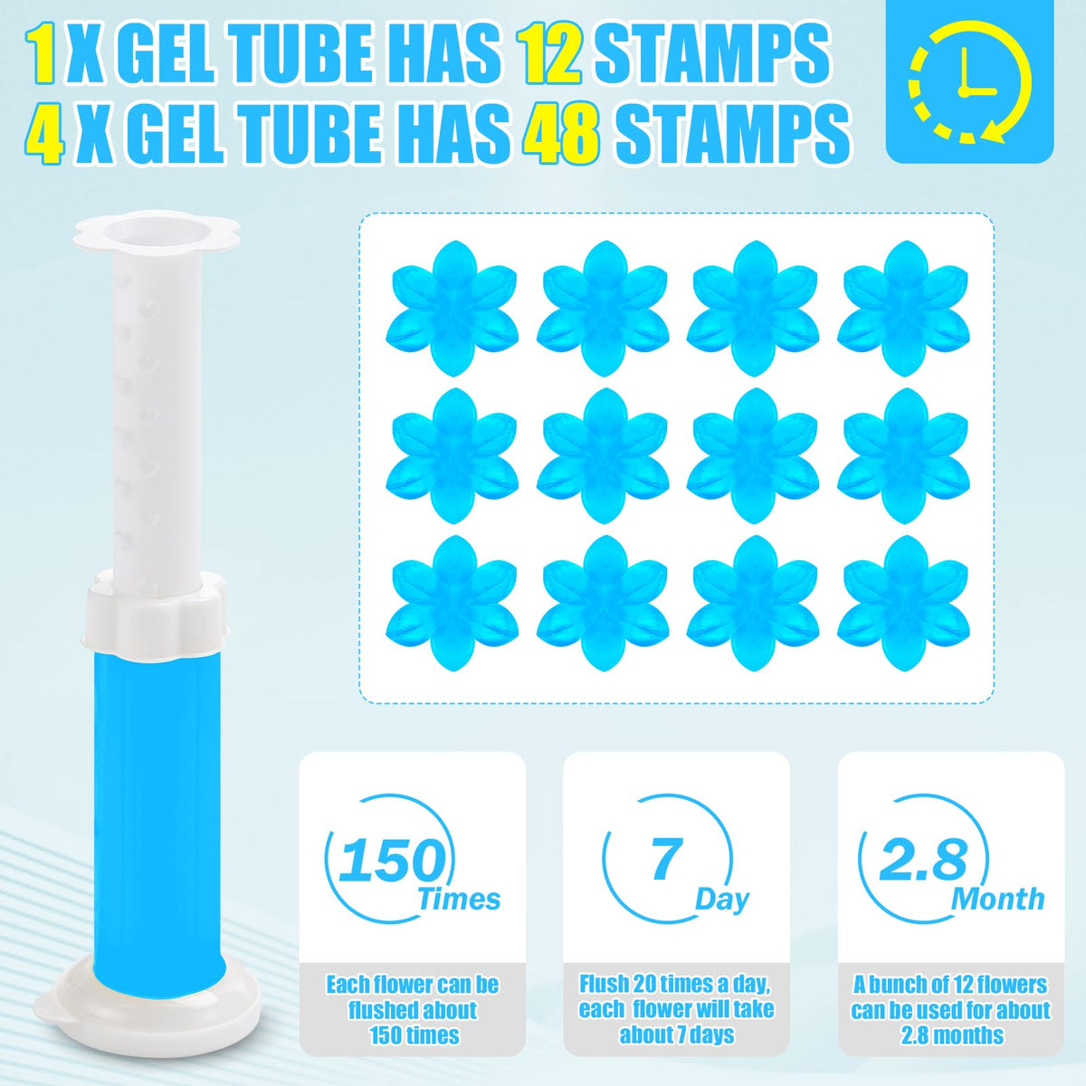 4 Pack Toilet Gel Stamp, 48 Stamps, Flowers Shaped,Toilet Bowl Cleaners | 4 Kinds Of Scent Toilet Bowl Cleaner Gel,Long-Lasting,Bathroom Freshener,Keeps Toilet Fresh Fragrant and Clean