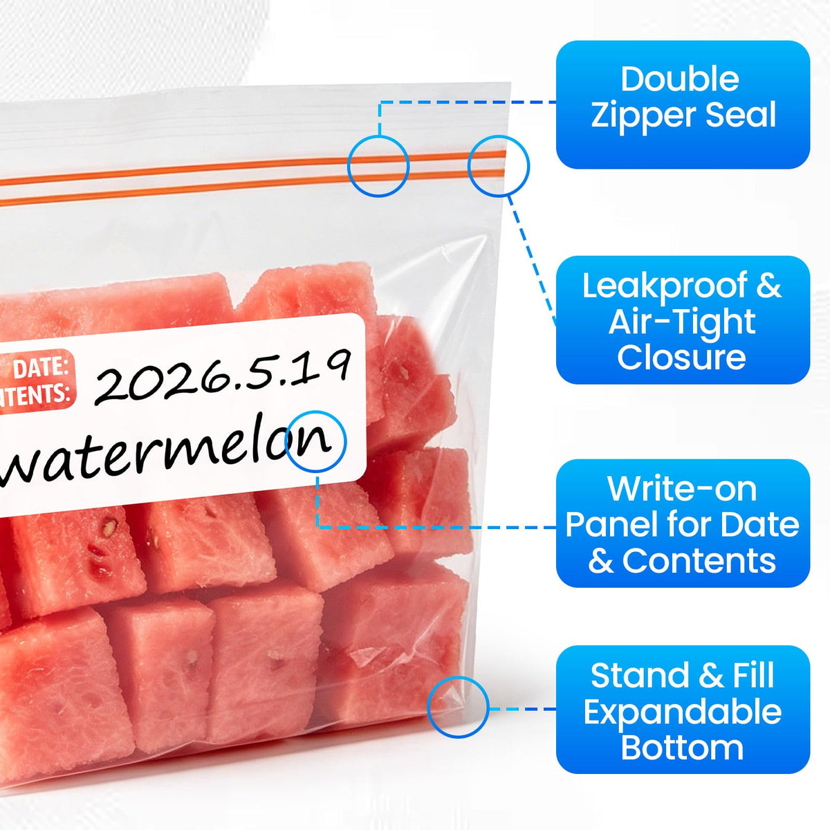 300 Count Quart Food Storage Bags, Reclosable Quart Bags with Double Zipper Seal, Plastic Food Storage Bags for Meat, Vegetables, Fruits, Sandwich，Snack，Stand-Up Bottom