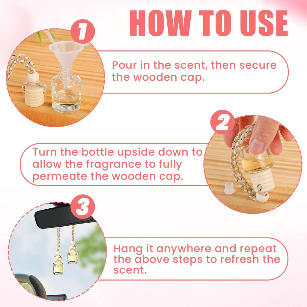 60 Pcs Car Diffuser Bottle Set,Empty Glass Car Air Freshener Bottle Bulk | Hanging Essential Oil Fragrance Pendants with Wooden Caps for Car Decor,Dropper and Funnel, Can DIY Air Freshners Diffuser