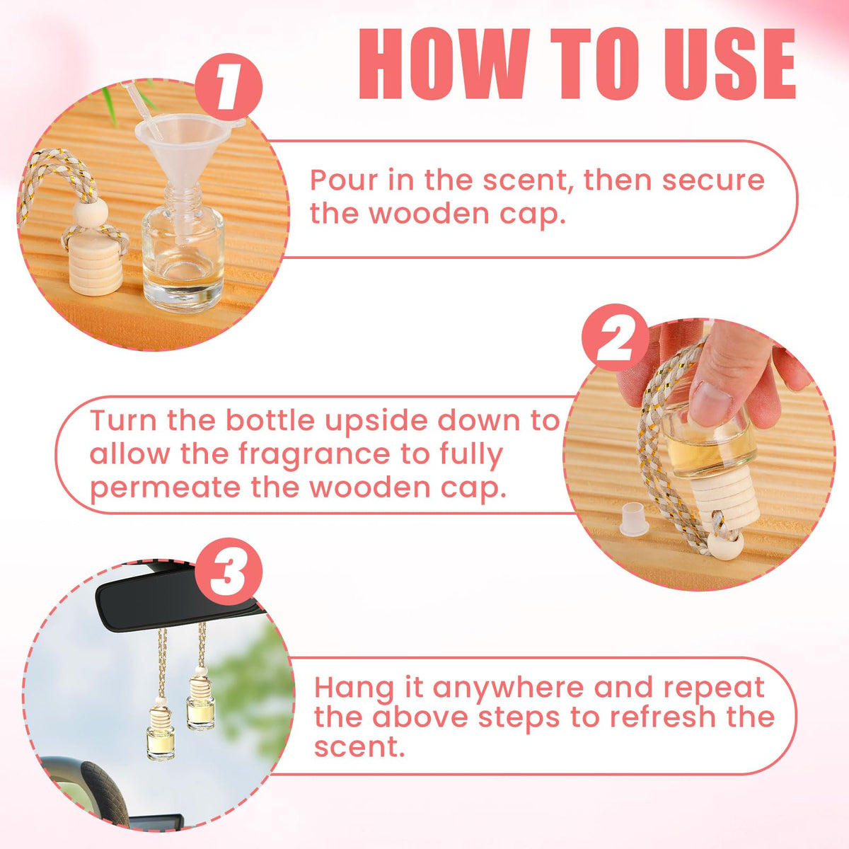 120 Pcs Car Diffuser Bottle Set,Empty Glass Car Air Freshener Bottle Bulk | Hanging Essential Oil Fragrance Pendants with Wooden Caps for Car Decor,Dropper and Funnel, Can DIY Air Freshners Diffuser