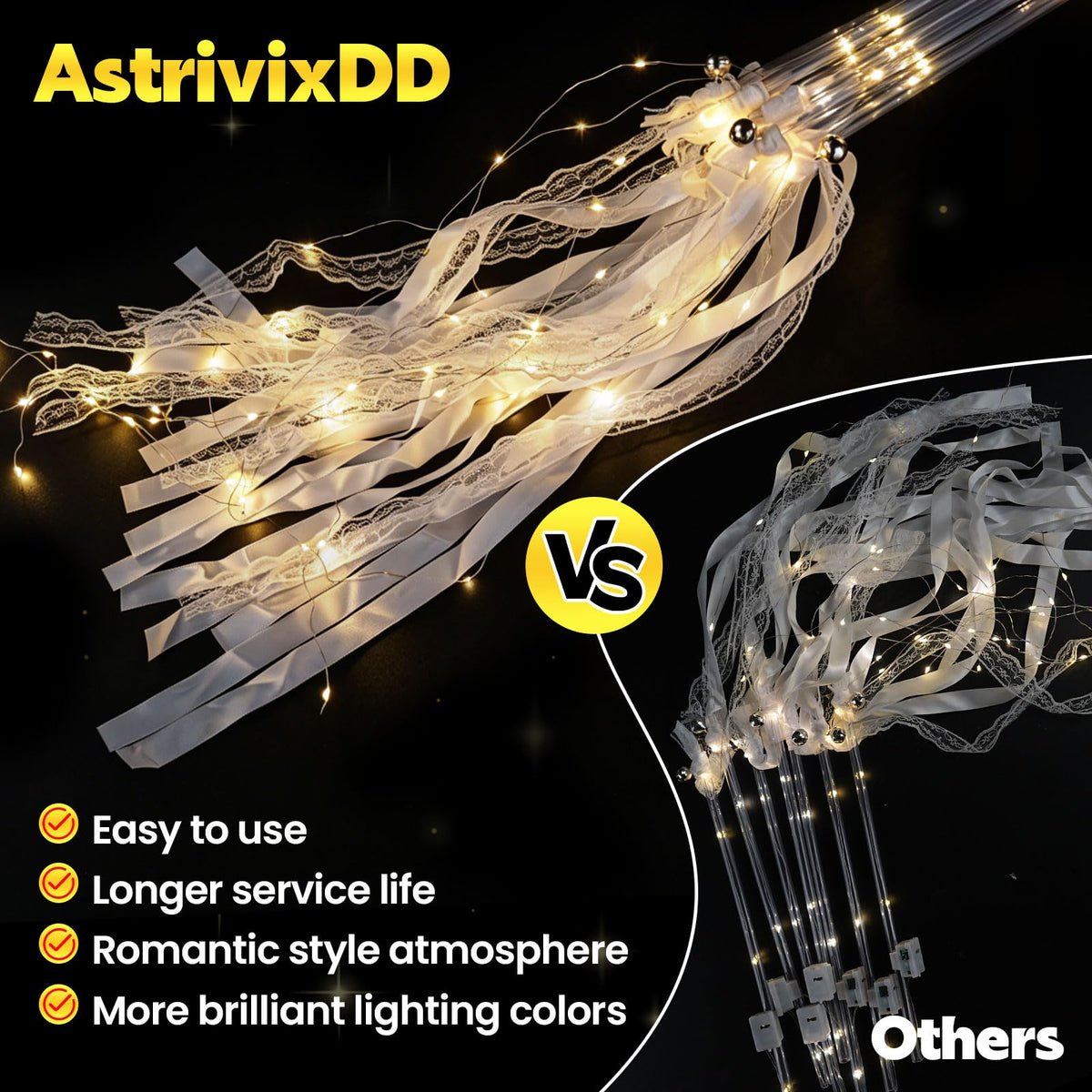 120PCS Light Up Wands, LED Wedding Wands，Sparklers Wedding Send Off 3 Flashing Modes, Fairy Wand Ribbon Streamers with Bells for Wedding Favors, Party, New Year, Concert, Warm White
