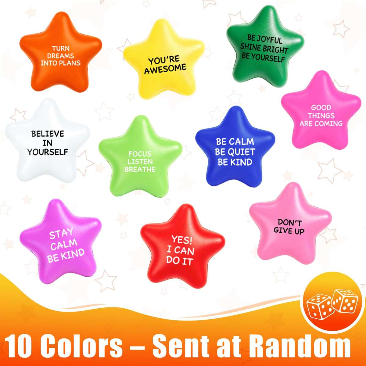 120 Pack Star Stress Balls Bulk, Foam Fidget Toys with Motivational Quotes | Anxiety and Anger Relief Mini Squeeze Toys for Adults, Kids, Work, School and Party Favors, Multi-Color