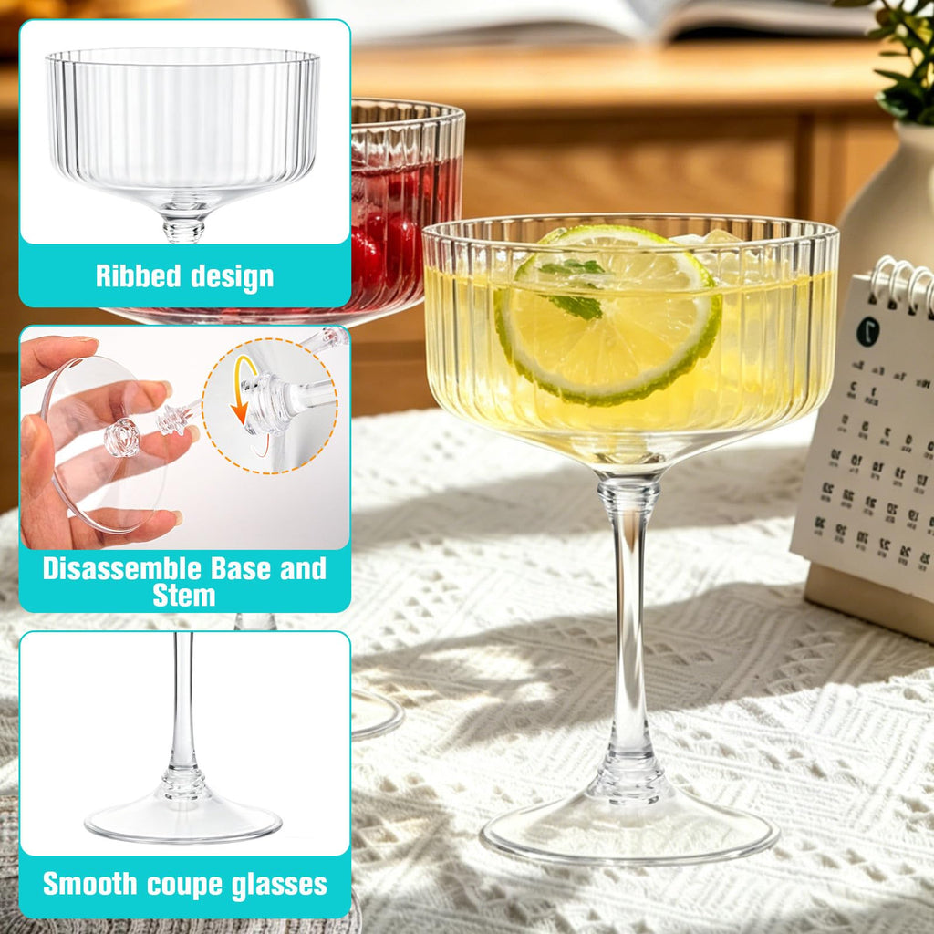12 Pcs Plastic Martini Glasses Disposable,10oz Ribbed Martini Glasses | Unbreakable, Vintage Coupe Cocktail Glasses Set with Detachable Stem for Wedding Birthday Party Bar Supplies, Clear