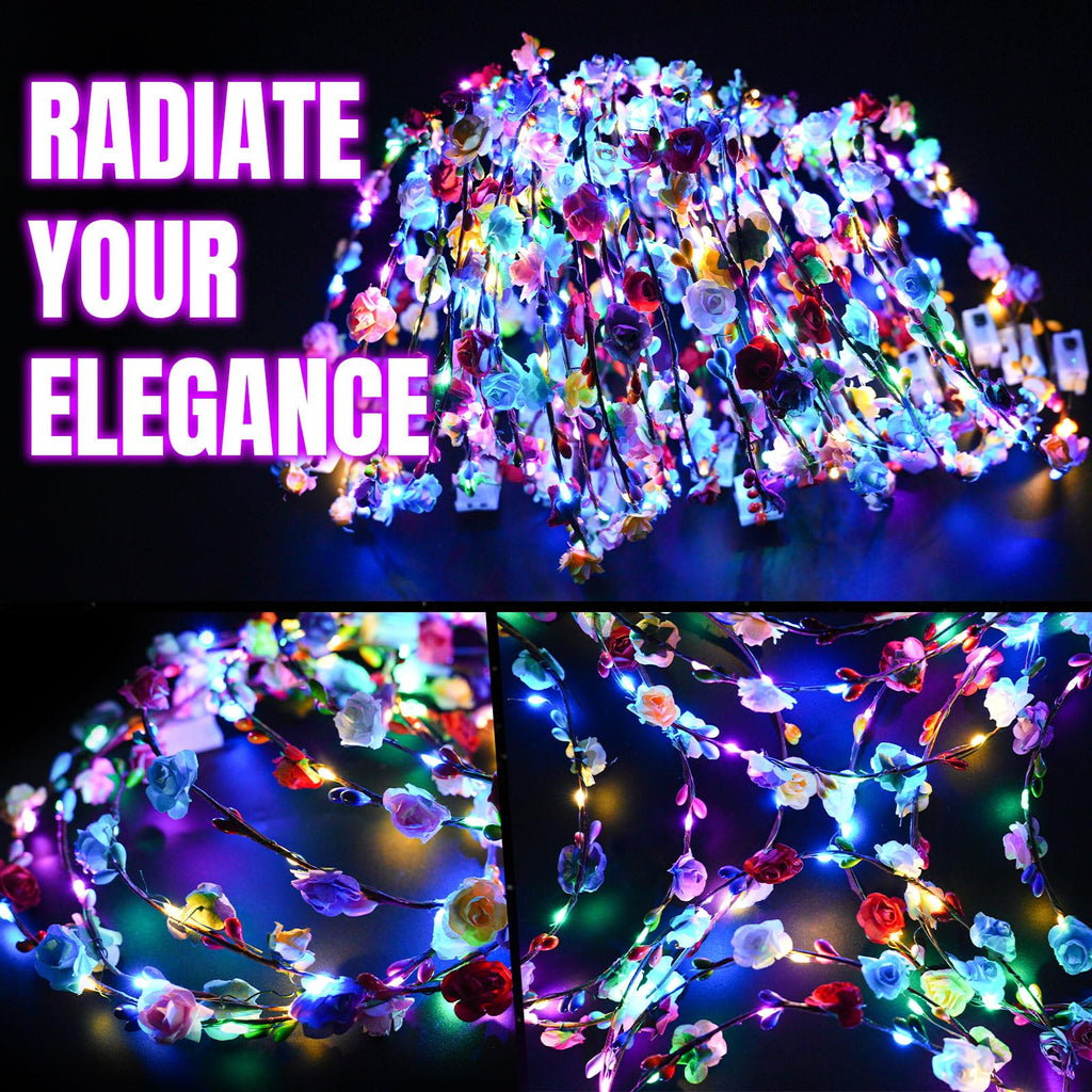 100 PCS LED Flower Crown Headbands,Glow in the Dark Party Supplies | Light Up Headband Bulk for Women for Wedding, Party, Birthday, Christmas, Cosplay and Halloween