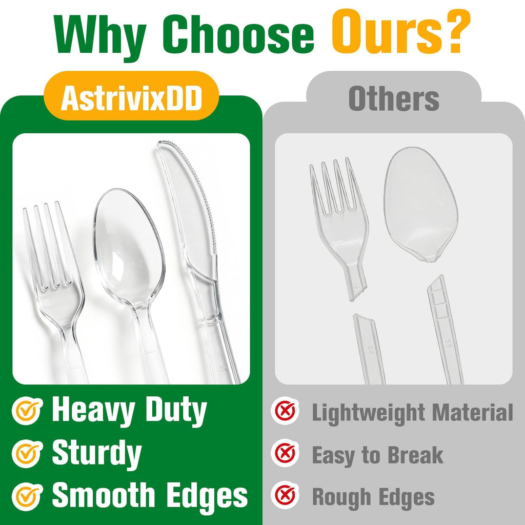 550 Count Plastic Silverware Heavy Duty, 200 Forks, 200 Spoons, 150 Knives | Clear Disposable Plastic Utensils Set, BPA-Free, Heat Resistant Plastics Cutlery for Catering & Events, Daily