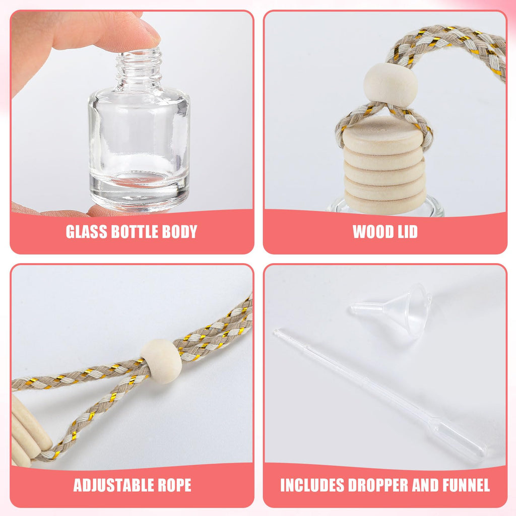 20 Pcs Car Diffuser Bottle Set,Empty Glass Car Air Freshener Bottle Bulk | Hanging Essential Oil Fragrance Pendants with Wooden Caps for Car Decor,Dropper and Funnel, Can DIY Air Freshners Diffuser