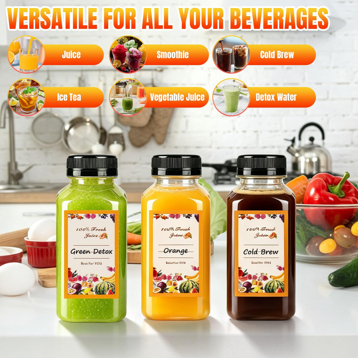 8 Pack 8oz Reusable Plastic Juice Bottles,Clear Juice Bottles with Caps | Leak Proof Portable Juice Bottles with Caps for Homemade Juice, Tea, Coffee and Daily Travel Storage