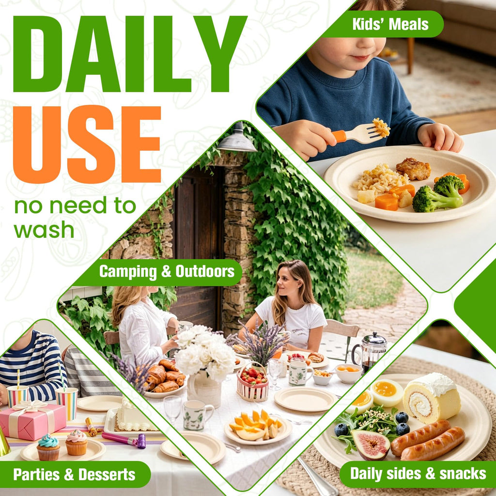 300 Pack Small Paper Plates 6 Inch, 100% Compostable Heavy Duty Dessert Plates, Unbleached Brown Biodegradable Disposable Plate Made from Bagasse and Bamboo Fiber, for Party, Picnic & Daily Use