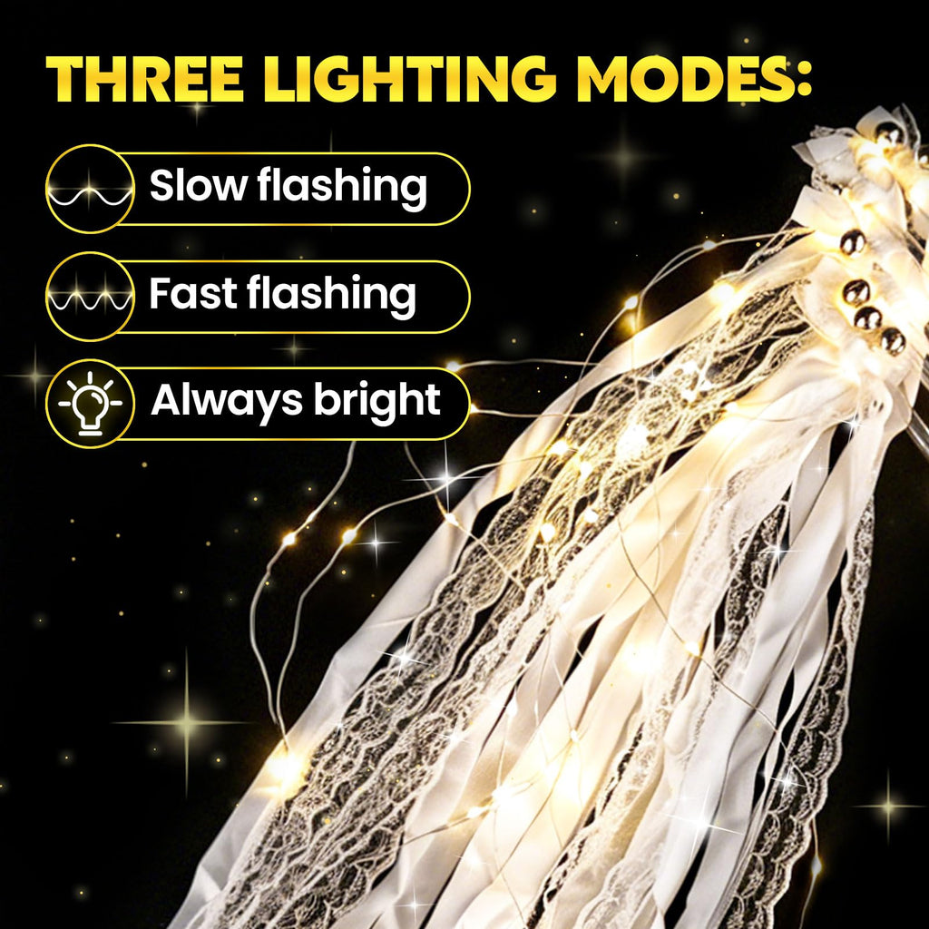 120PCS Light Up Wands, LED Wedding Wands，Sparklers Wedding Send Off 3 Flashing Modes, Fairy Wand Ribbon Streamers with Bells for Wedding Favors, Party, New Year, Concert, Warm White