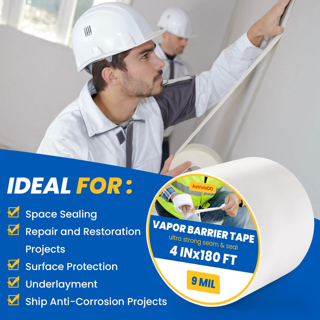 1 Rolls Vapor Barrier Tape,4" x 180 ft,Waterproof Seam Tape for Insulation | White Moisture Barrier Tape for Crawl Spaces, Polyethylene Tape for Underlayment, Plastic Liners
