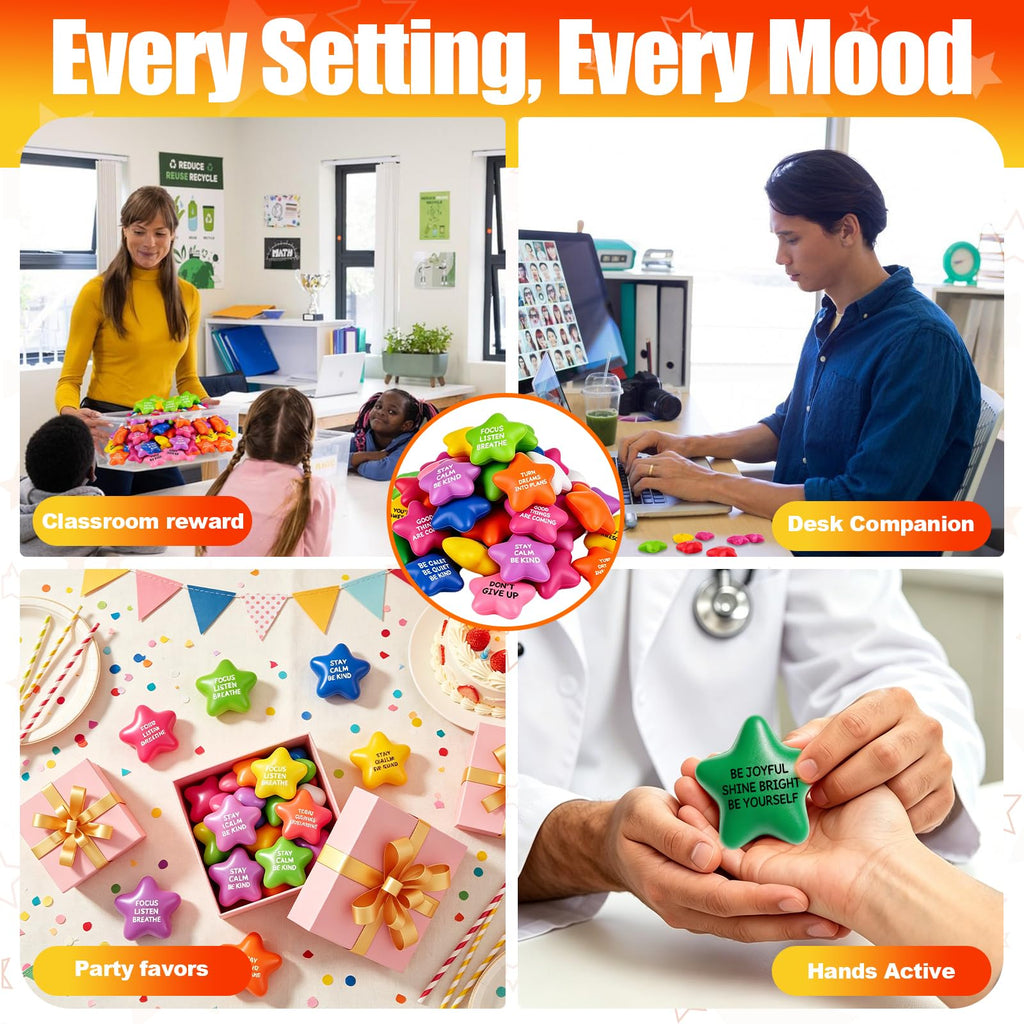 120 Pack Star Stress Balls Bulk, Foam Fidget Toys with Motivational Quotes | Anxiety and Anger Relief Mini Squeeze Toys for Adults, Kids, Work, School and Party Favors, Multi-Color