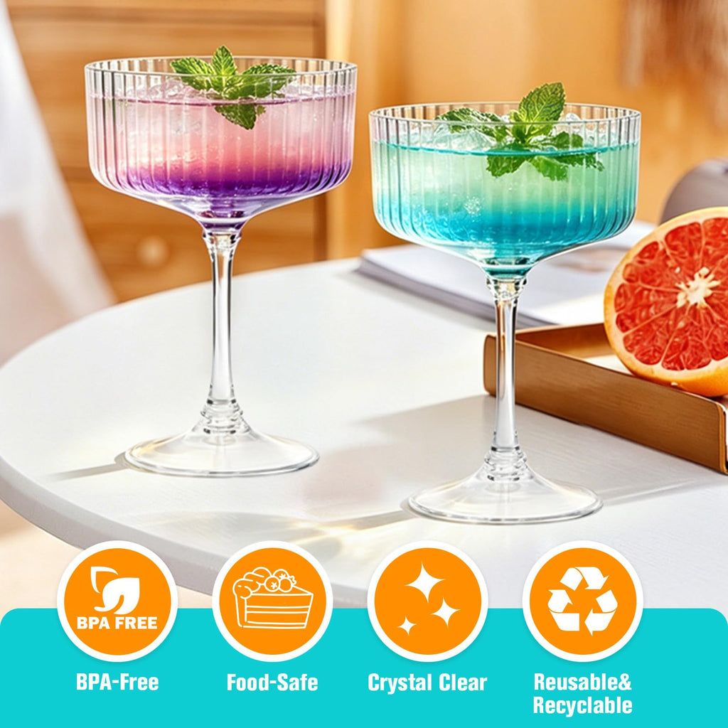 100 Pcs Plastic Martini Glasses Disposable,10oz Ribbed Martini Glasses | Unbreakable, Vintage Coupe Cocktail Glasses Set with Detachable Stem for Wedding Birthday Party Bar Supplies, Clear