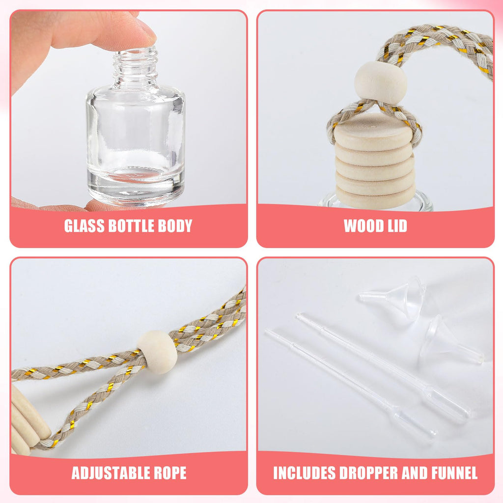 120 Pcs Car Diffuser Bottle Set,Empty Glass Car Air Freshener Bottle Bulk | Hanging Essential Oil Fragrance Pendants with Wooden Caps for Car Decor,Dropper and Funnel, Can DIY Air Freshners Diffuser