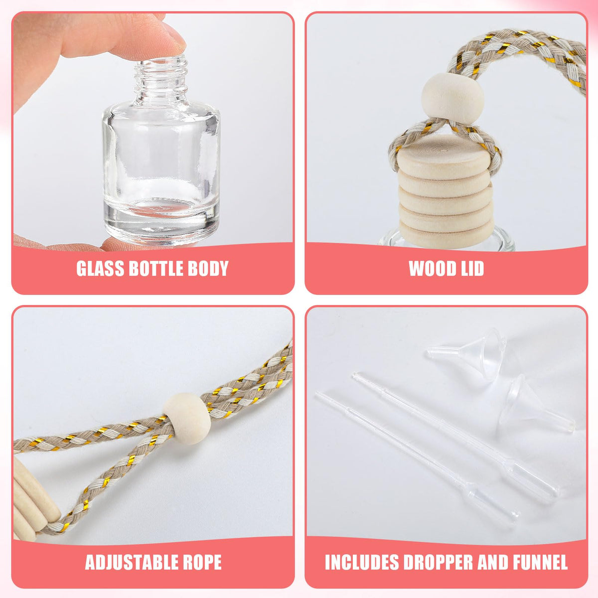 120 Pcs Car Diffuser Bottle Set,Empty Glass Car Air Freshener Bottle Bulk | Hanging Essential Oil Fragrance Pendants with Wooden Caps for Car Decor,Dropper and Funnel, Can DIY Air Freshners Diffuser
