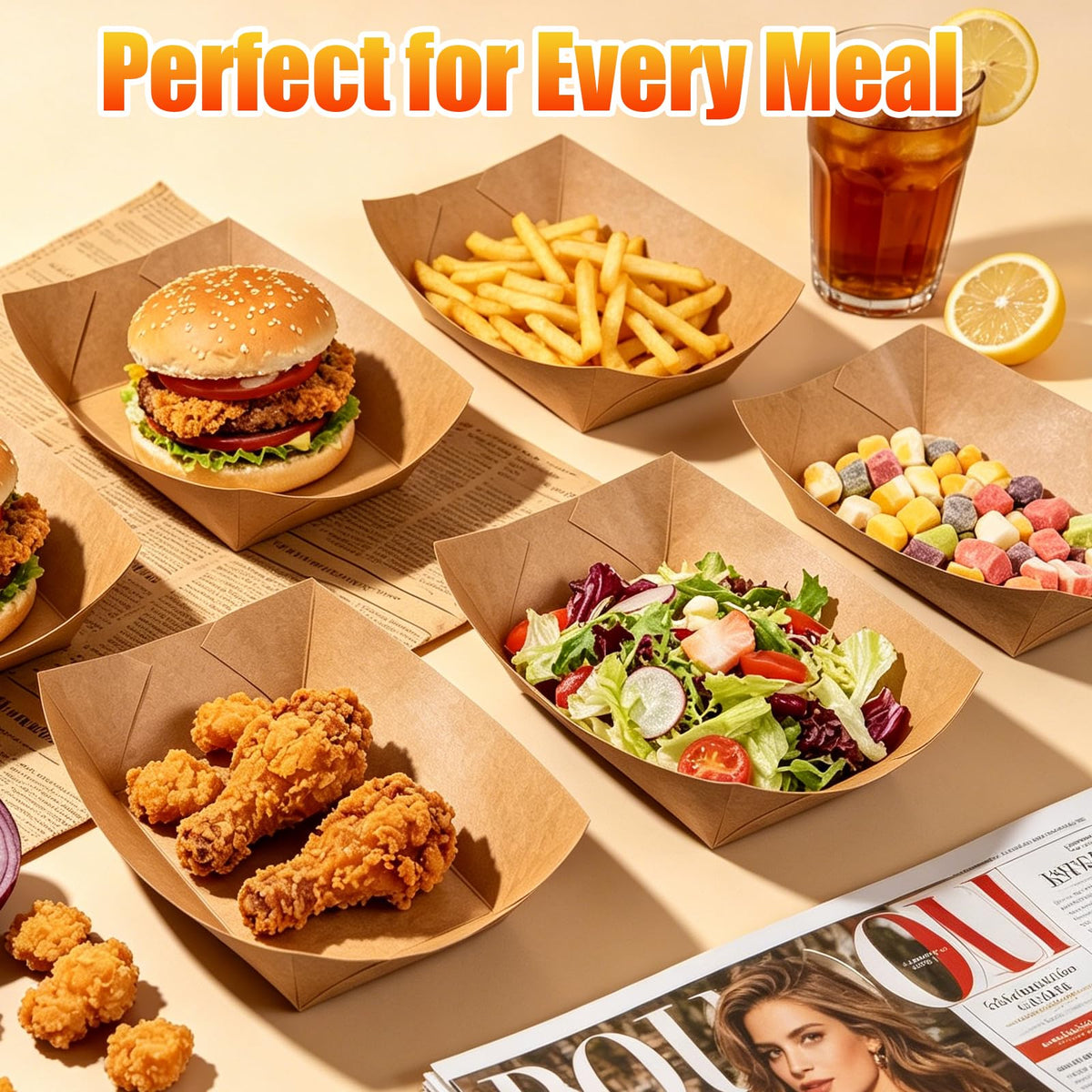 300 Pack 2LB Paper Food Trays, Heavy-Duty Disposable Kraft Paper Food Boats, Serving Basket Tray for Fries Nachos Snacks Hot Dog Taco Popcorn,Food Holder Trays for BBQ Party Picnic Wedding
