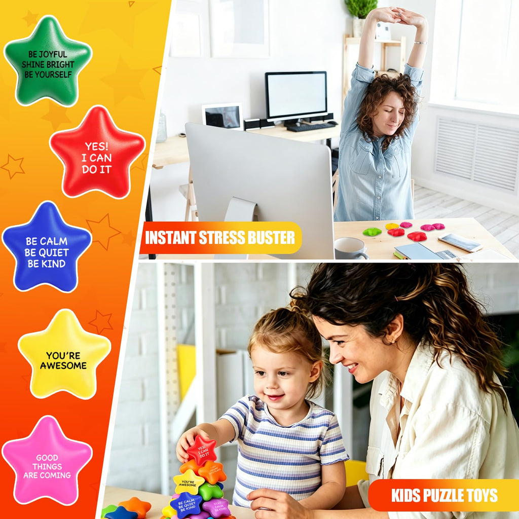 120 Pack Star Stress Balls Bulk, Foam Fidget Toys with Motivational Quotes | Anxiety and Anger Relief Mini Squeeze Toys for Adults, Kids, Work, School and Party Favors, Multi-Color