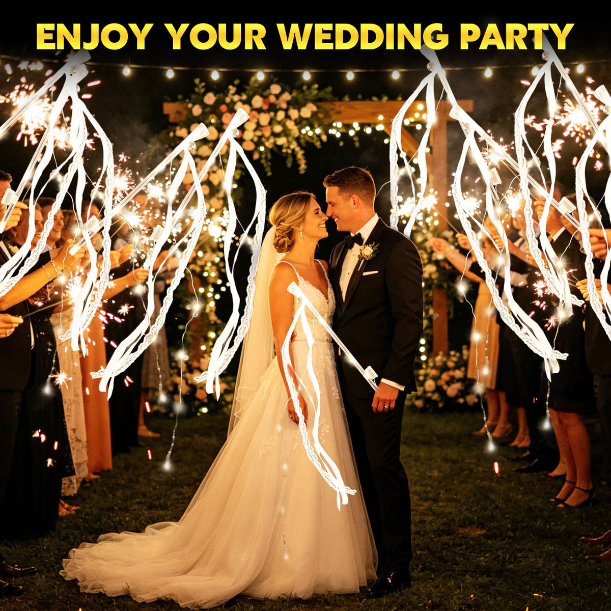 120PCS Light Up Wands, LED Wedding Wands，Sparklers Wedding Send Off 3 Flashing Modes, Fairy Wand Ribbon Streamers with Bells for Wedding Favors, Party, New Year, Concert, Warm White