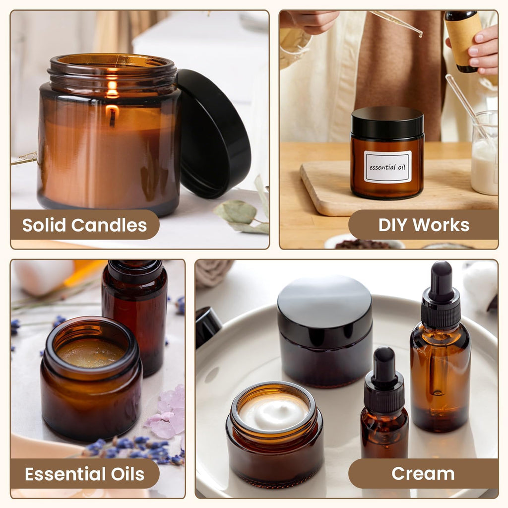 32 Pcs 2 oz Glass Jars with Lids,Amber,with 40 Labels & 10 Spatulas | Glass Jars,Inner Liners, LeakProof, UV-Protective,Round Glass Containers for Essential Oils, Spices, Candle Making,DIY