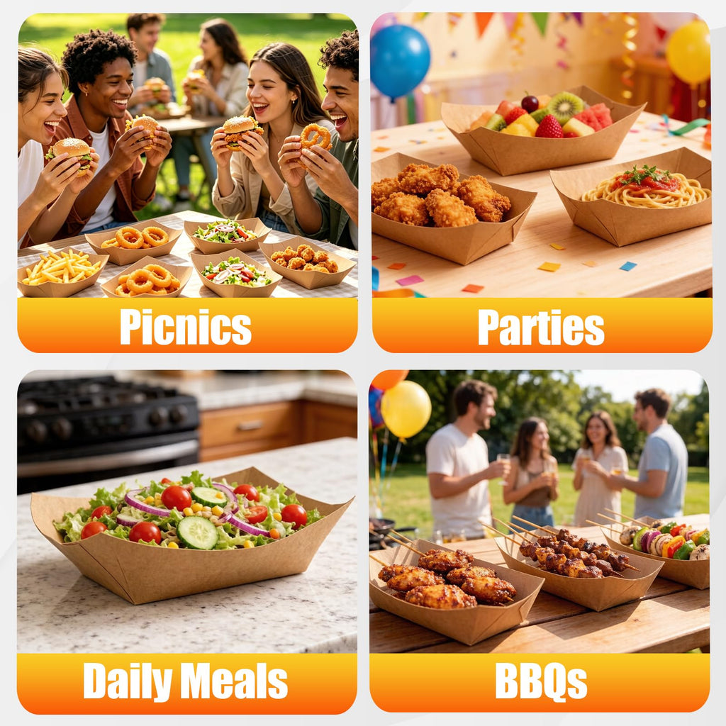 300 Pack 2LB Paper Food Trays, Heavy-Duty Disposable Kraft Paper Food Boats, Serving Basket Tray for Fries Nachos Snacks Hot Dog Taco Popcorn,Food Holder Trays for BBQ Party Picnic Wedding