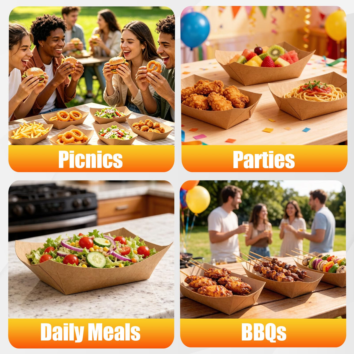 300 Pack 2LB Paper Food Trays, Heavy-Duty Disposable Kraft Paper Food Boats, Serving Basket Tray for Fries Nachos Snacks Hot Dog Taco Popcorn,Food Holder Trays for BBQ Party Picnic Wedding