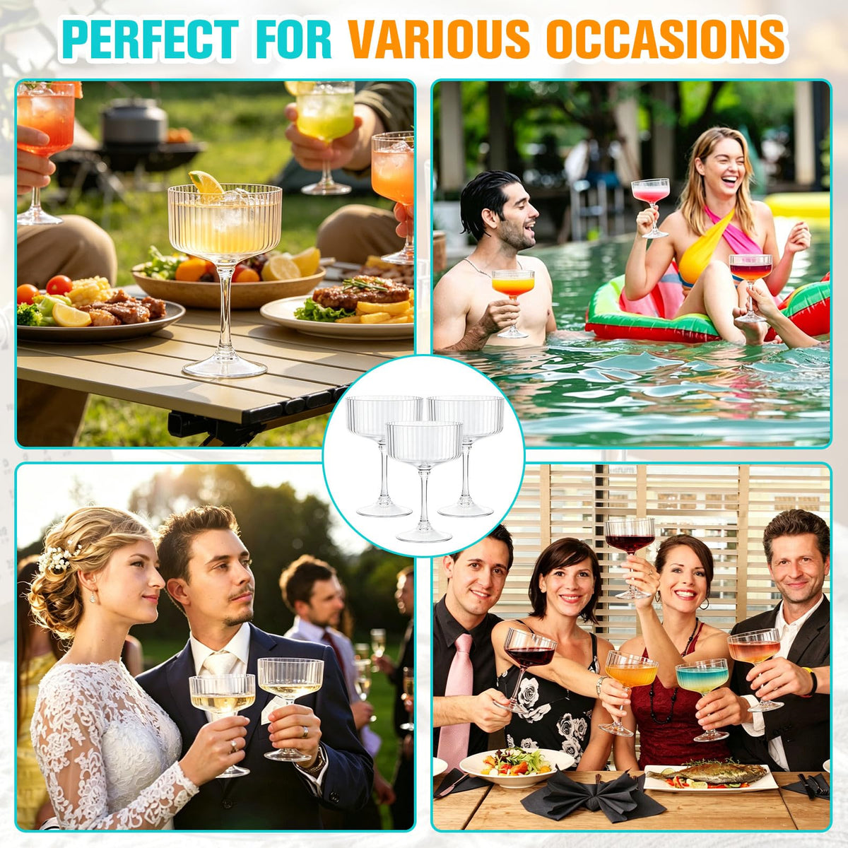 100 Pcs Plastic Martini Glasses Disposable,10oz Ribbed Martini Glasses | Unbreakable, Vintage Coupe Cocktail Glasses Set with Detachable Stem for Wedding Birthday Party Bar Supplies, Clear